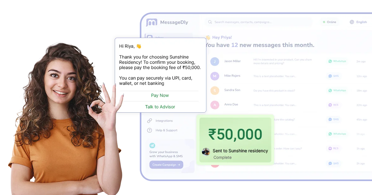Messagedly dashboard with WhatsApp customer conversations and a completed payment